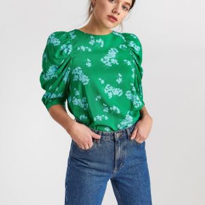 Blouse with puff sleeves - dk apple green, XL