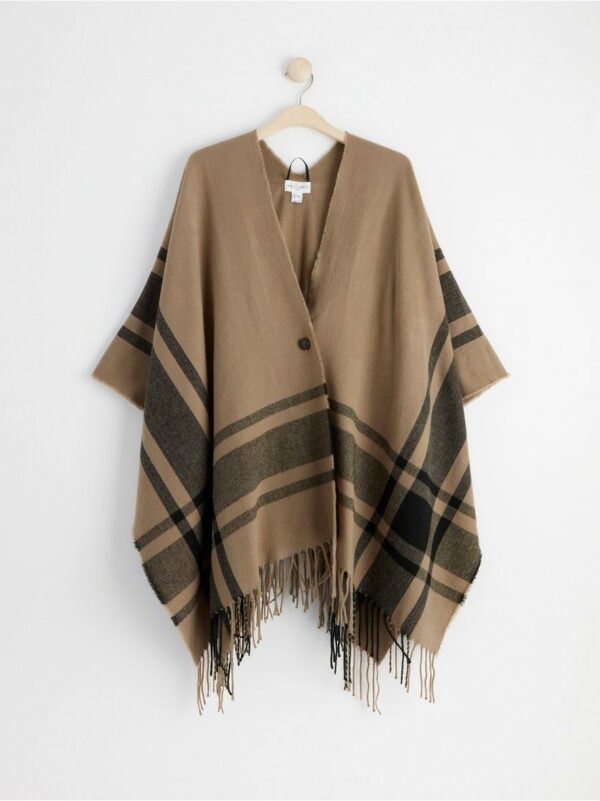 Plaid poncho with fringes - Brown, One Size