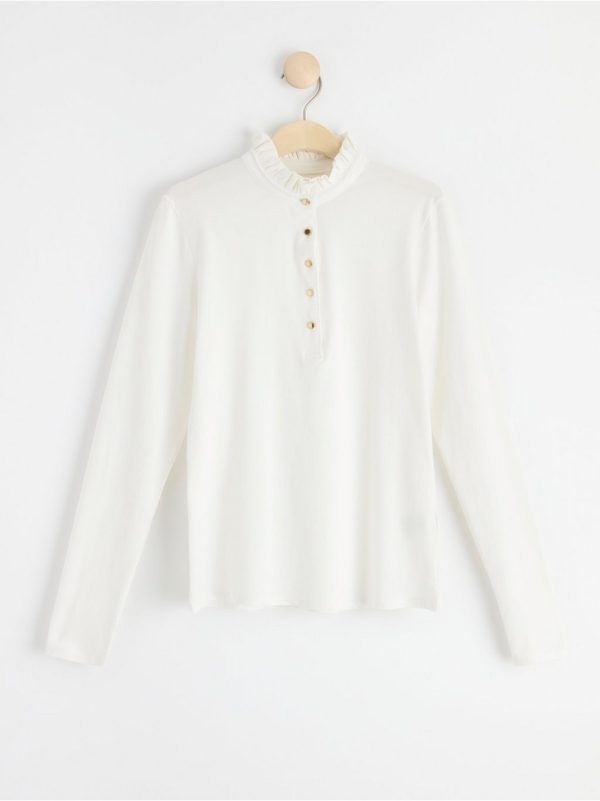 Long sleeve top with frill collar - White, S
