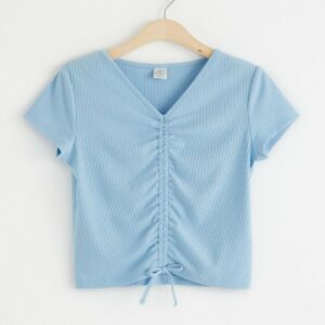 Ribbed crop top with gathering - Light Blue, 170