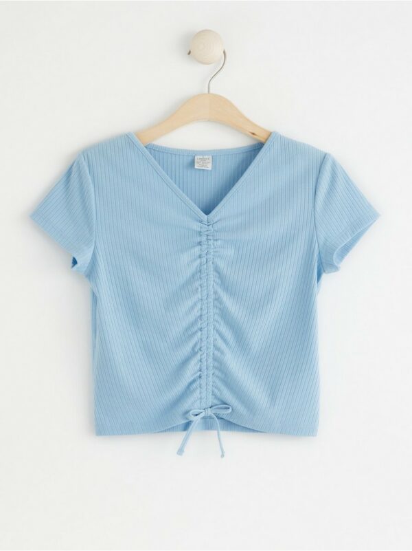 Ribbed crop top with gathering - Light Blue, 170