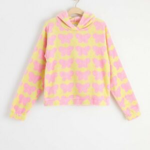 Cropped fluffy hoodie with allover print - Yellow, 170