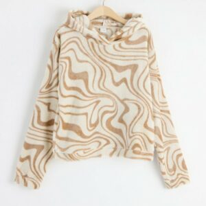 Cropped fluffy hoodie with allover print - Beige, 170